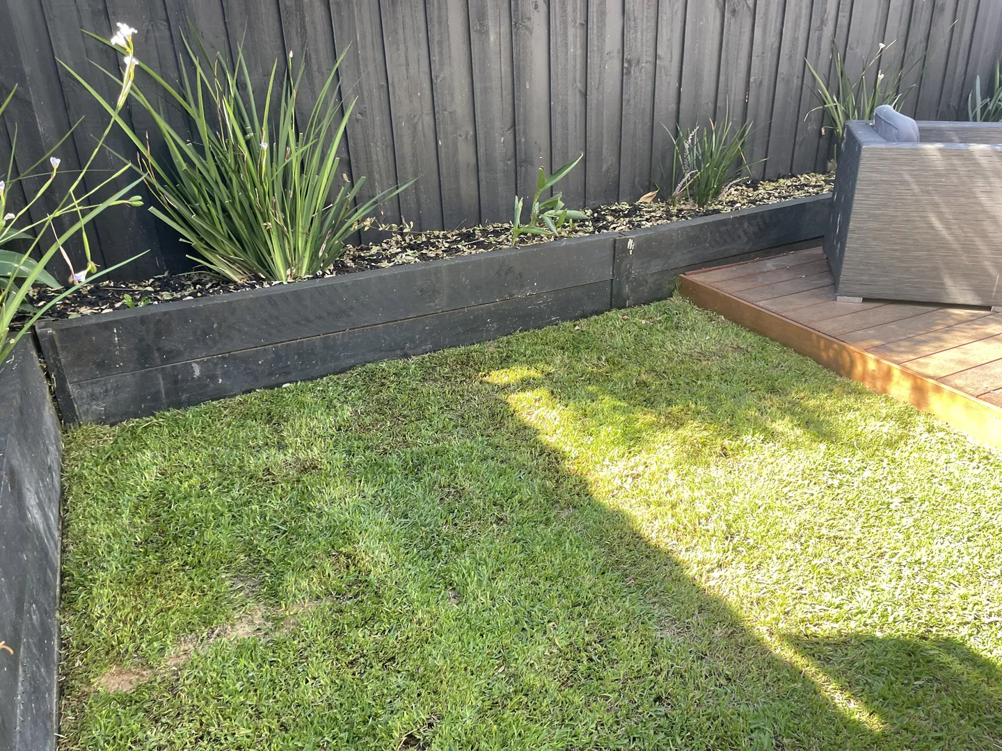 An enclosed, tidy backyard lawn with freshly cut green grass next to a raised garden bed and decking