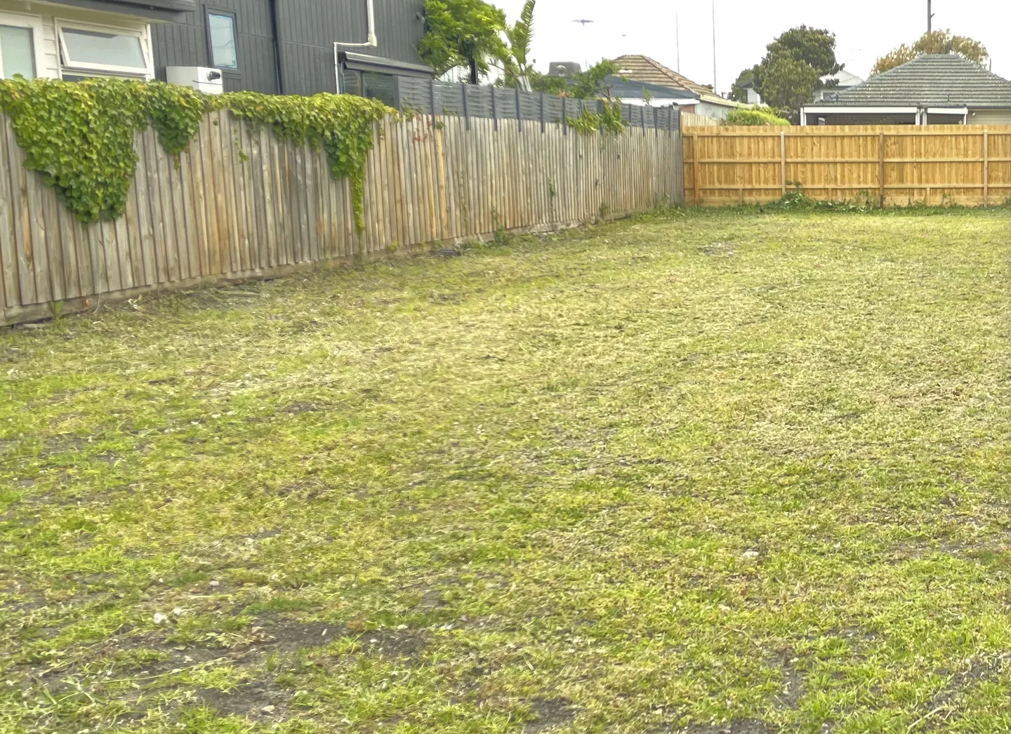 A large vacant residential block with a newly cut green lawn