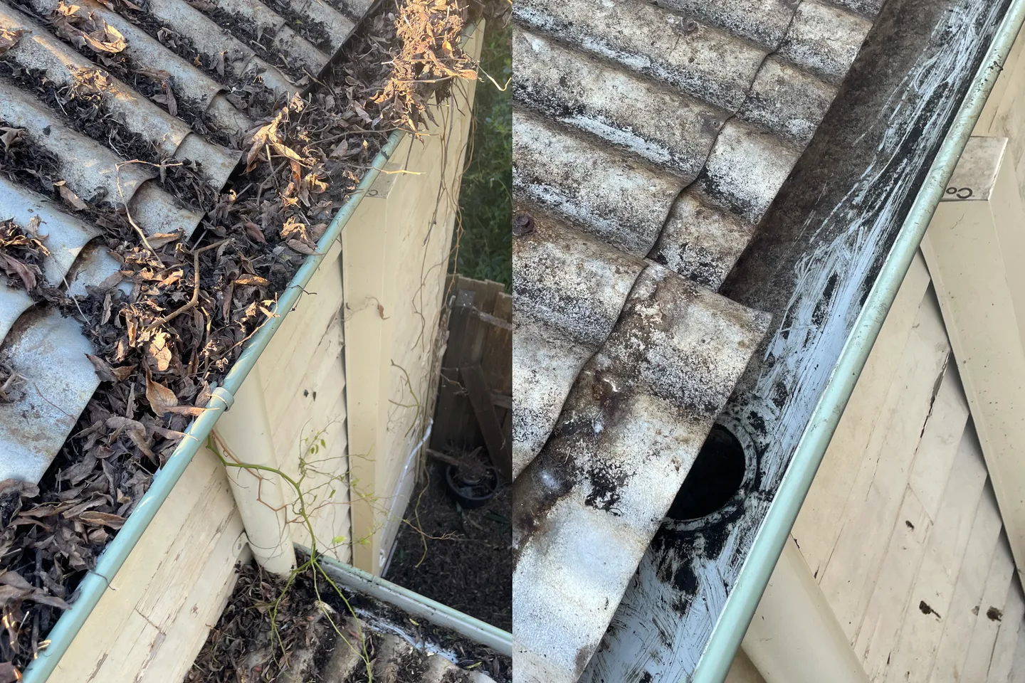 Before and after comparison of gutter cleaning showing downpipe opening and remainder of gutter cleared of dry leaves
