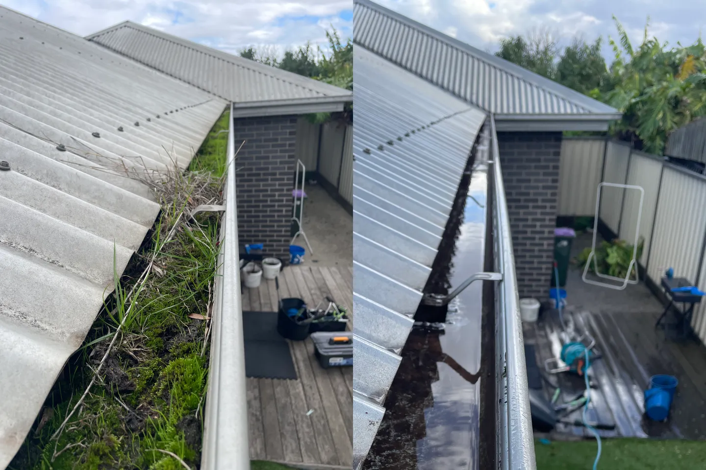 Before and after comparison of roof gutter debris removal showing thick moss cleared and water flowing