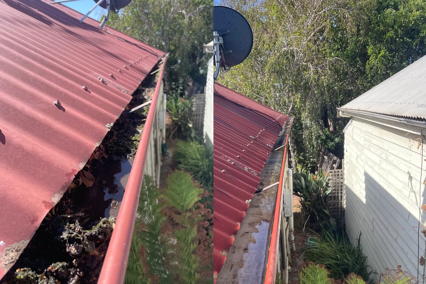 Before and after comparison of roof gutter cleaning showing wet sludge buildup cleared out