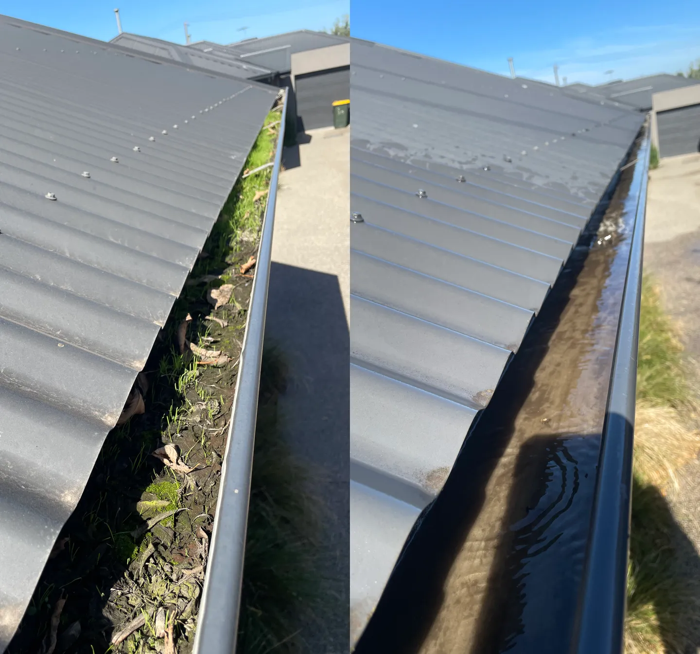 Before and after comparison of gutter cleaning showing dirt, leaves and other organic materials removed from grey gutter