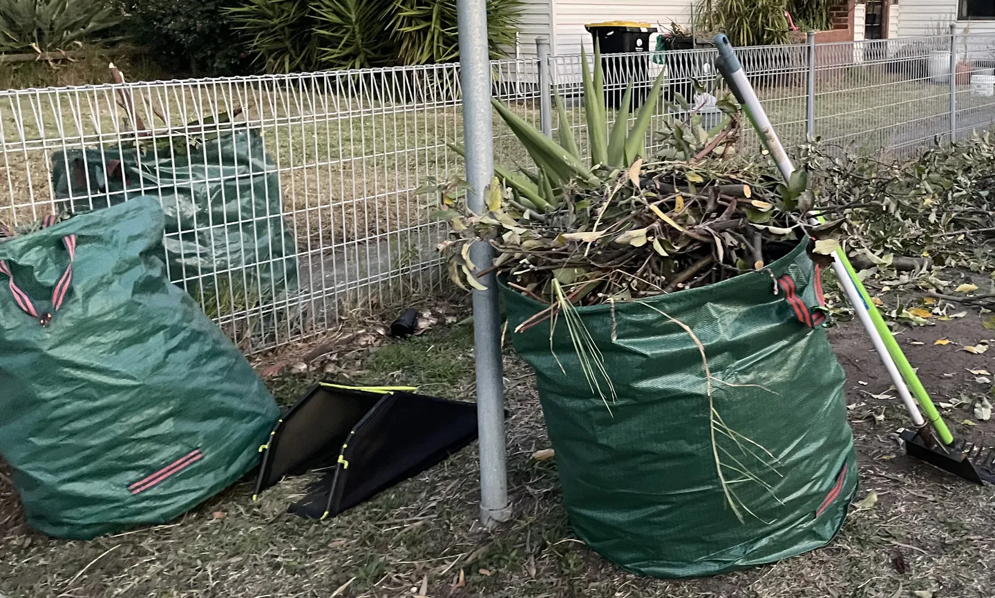 Green garden bags packed with plant material ready for disposal